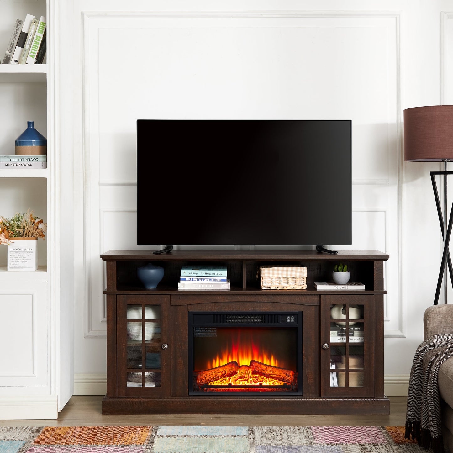 Classic TV Media Stand Modern Entertainment Console with 23' Fireplace Insert for TV Up to 65' with Open and Closed Storage Space, Espresso, 58.25'W*15.75'D*32'H