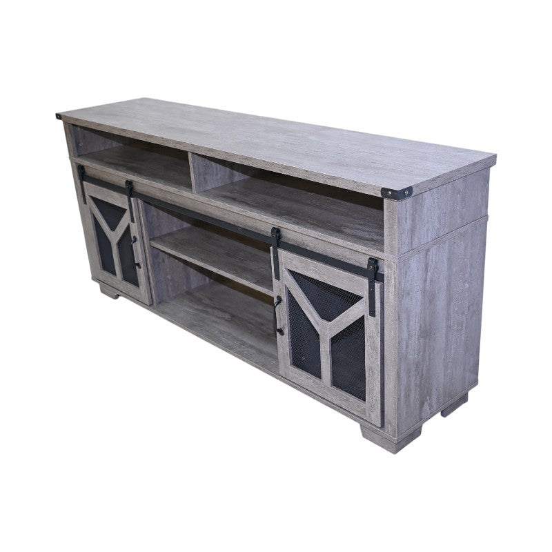 65.3' TV Stand with LED light strips and Iron mesh barn door Y decorative strip country grey farmhouse style