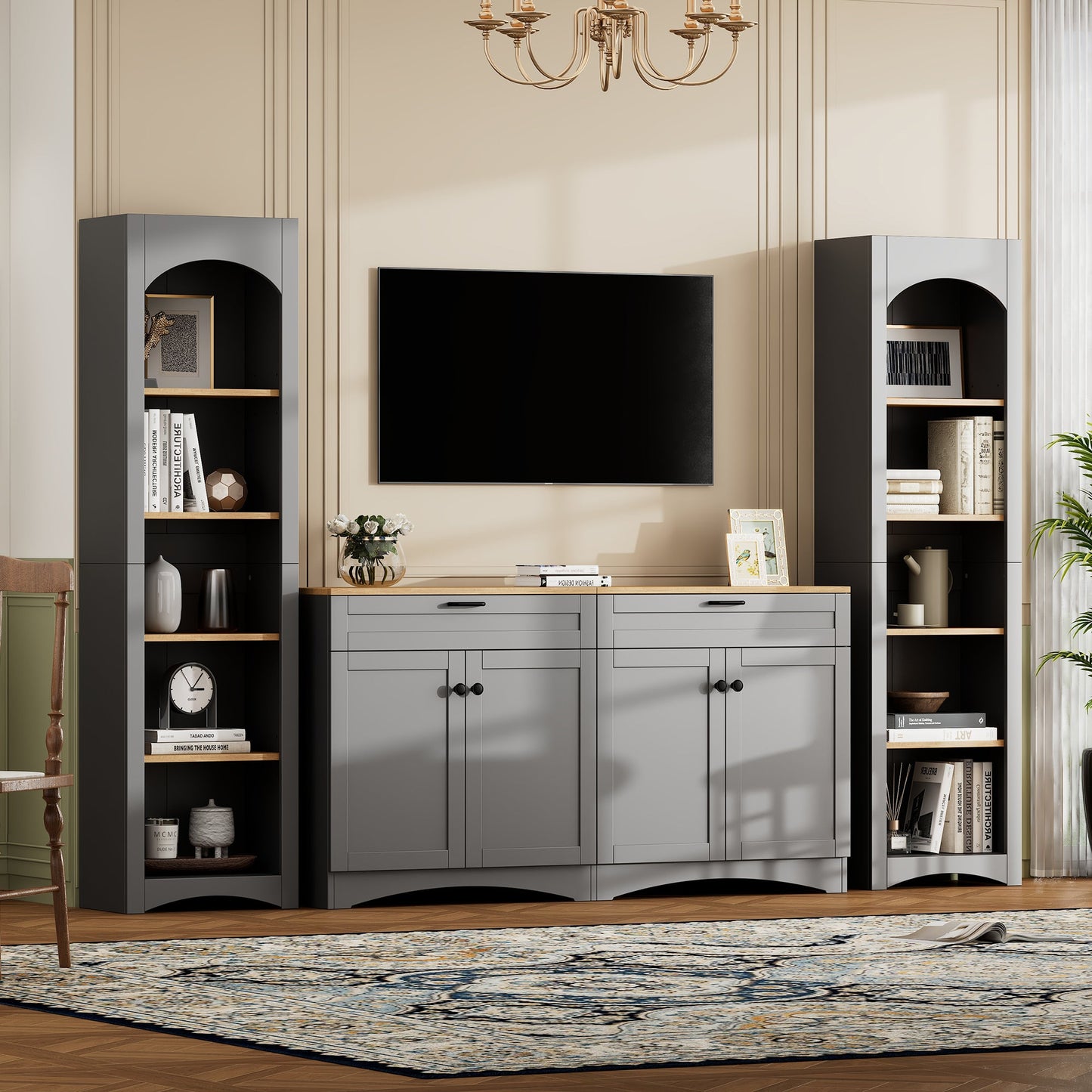 ON-TREND 3-Piece Farmhouse Entertainment Center with Storage Cabinet for TVs Up to 70', Mid-Century TV Stand with Bookshelf, Rustic Versatile Sideboard with Adjustable Shelves for Living Room, Grey