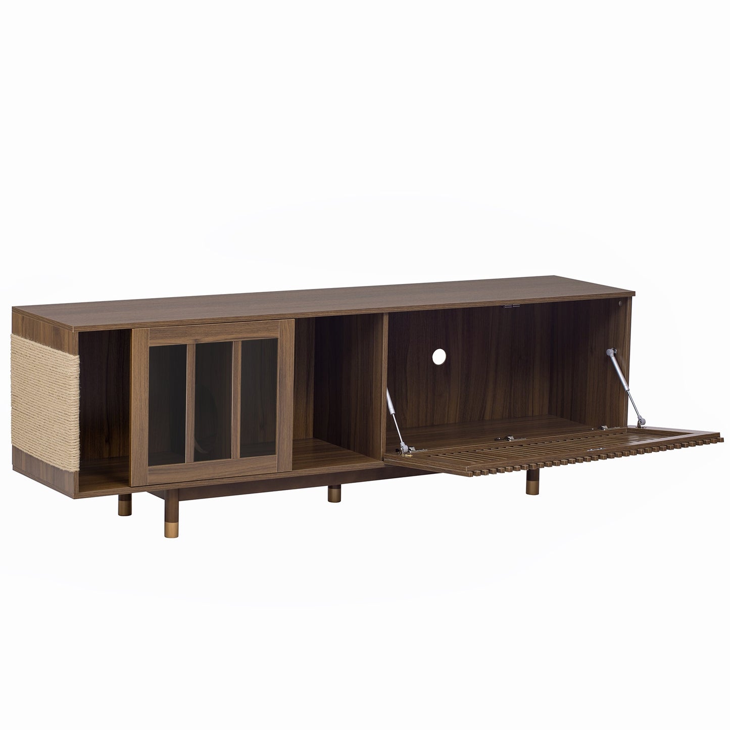 Mid-Century Modern style 2 IN 1 Cat Furniture Walnut TV STAND with Cat Scratcher, Cat house With Sliding Flip-down glass door