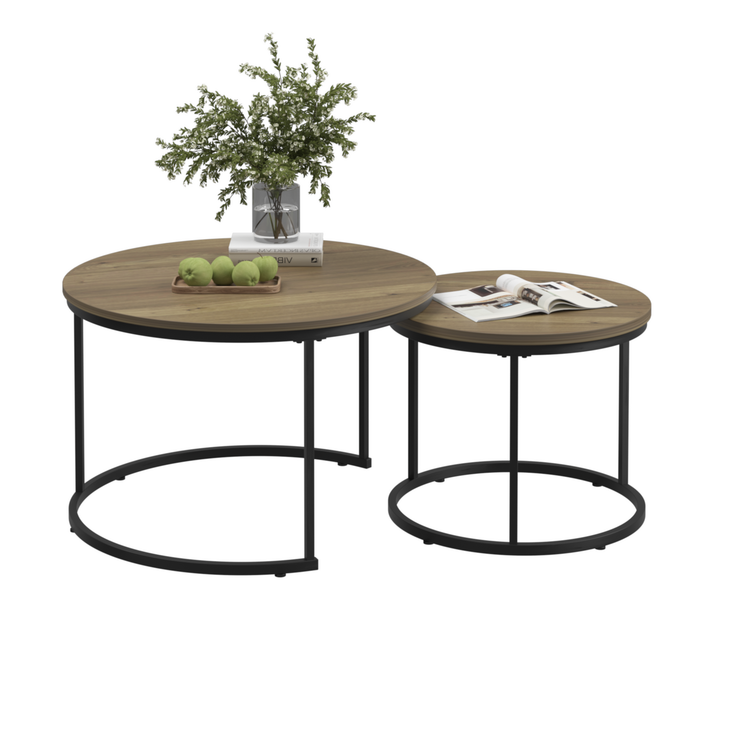 Nesting Coffee Table Set of 2, 27.6inch Round Coffee Table Industrial Wood Finish with Sturdy Metal Frame, End Table Side Tables for Living Room Bedroom Balcony Yard (Brown)