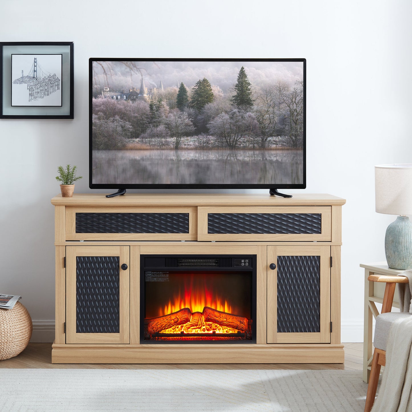 Embossed Pattern TV Stand with 23' fireplace insert,, TV and Media Console with Open and Closed Storage Space and sliding door for Living Room & Bedroom,LIGHT OAK, 58.27'W*15.35'W*31.7H