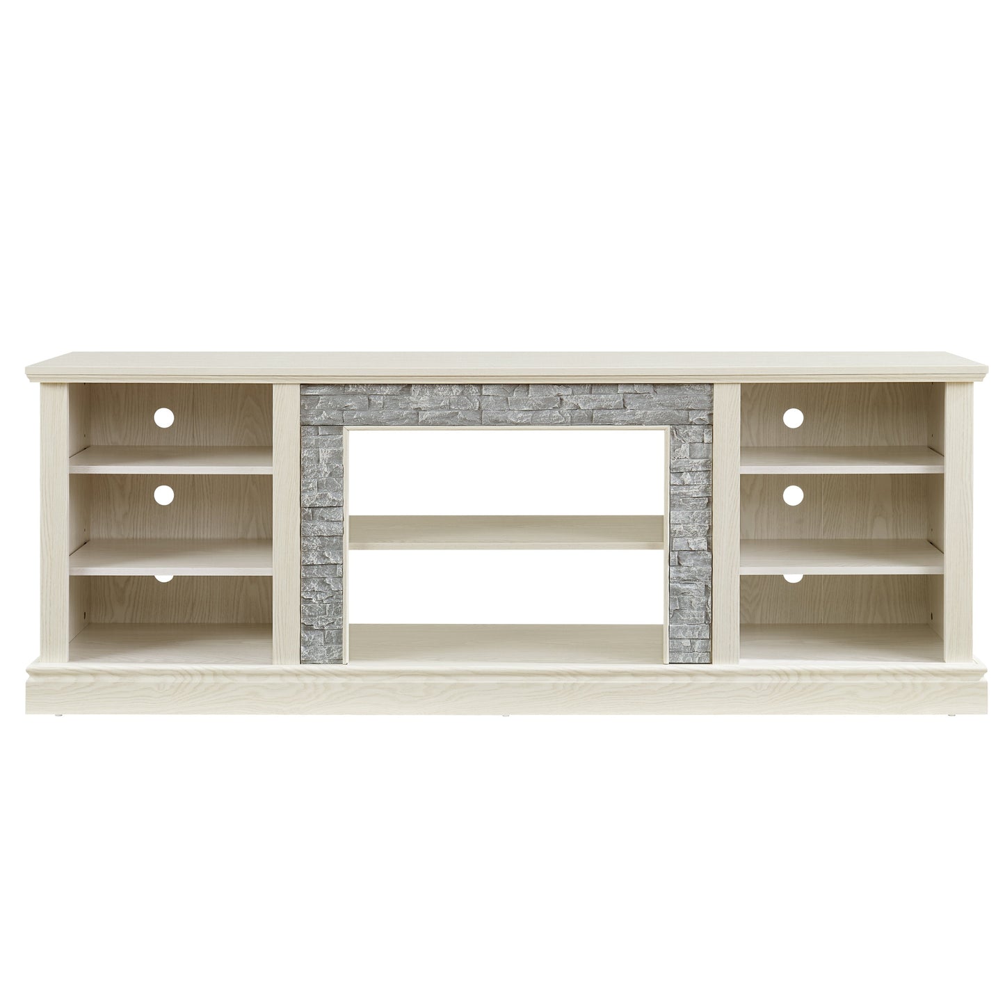 Large TV Desk Storage Rack with Faux Stacked Stone Surround,Media Console Table with Large Storage Cabinet,Modern TV Media Entertaionment Stand,WHITE, 70.12'W*15.35'D*25.83'H