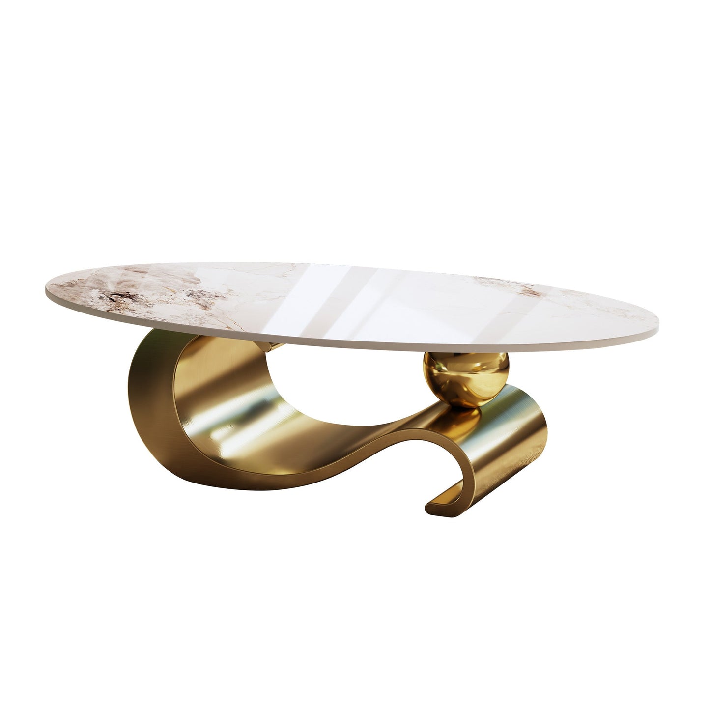 49.2' Faux Marble Oval Coffee Table, Contemporary Gold Stainless Steel Base, Modern Center Table for Living Room
