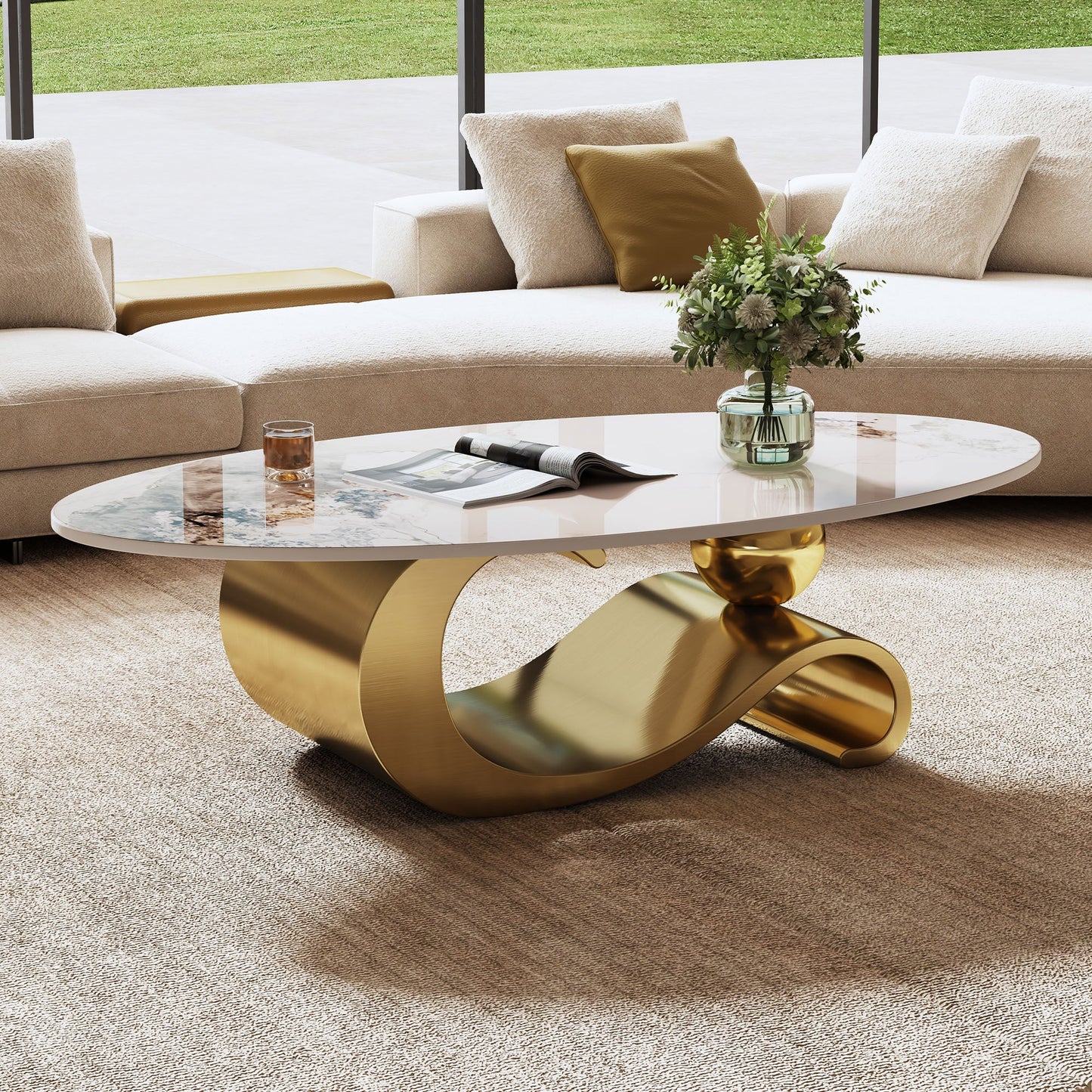 49.2' Faux Marble Oval Coffee Table, Contemporary Gold Stainless Steel Base, Modern Center Table for Living Room