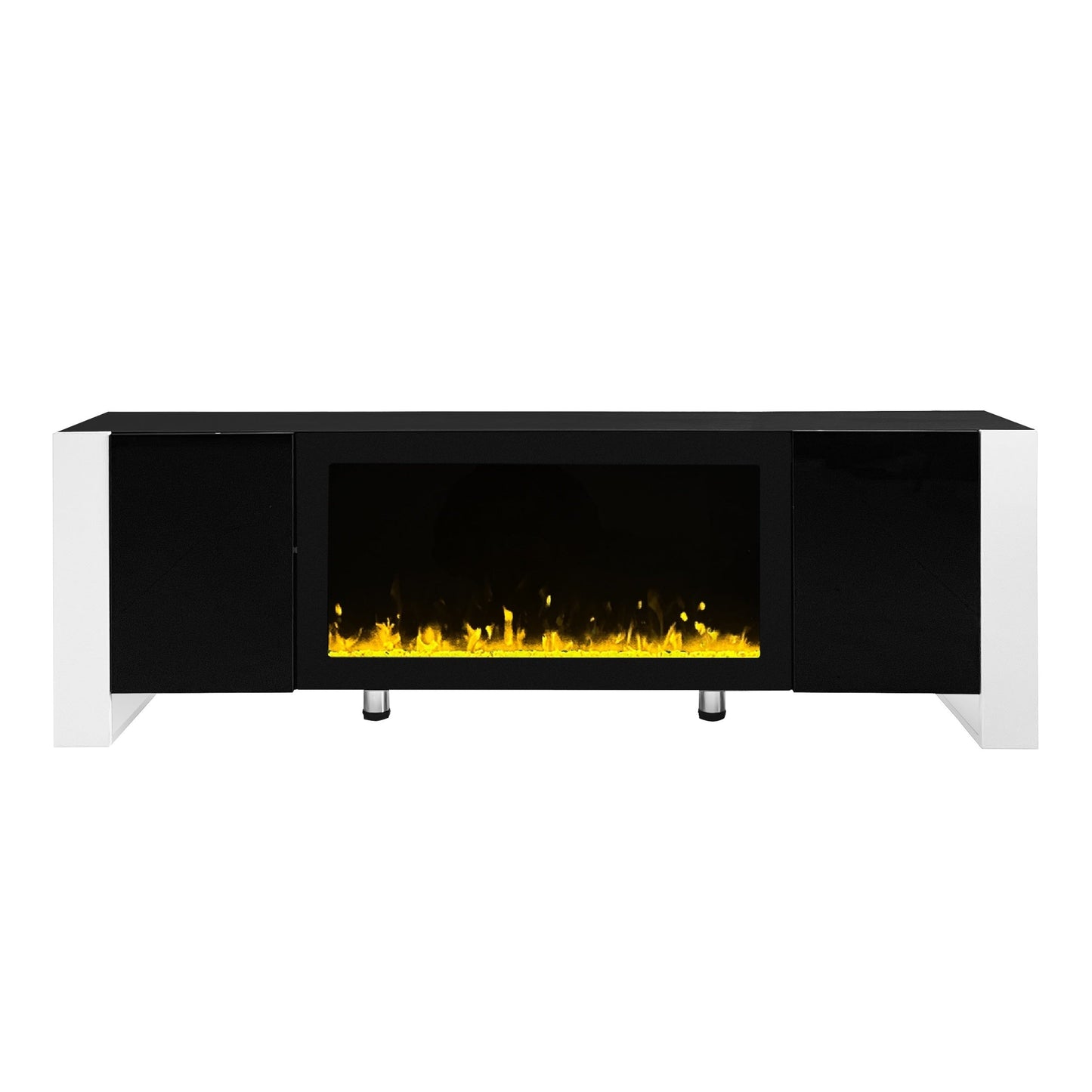 ON-TREND Modern TV Stand with 34.2' Non-heating Electric Fireplace, High Gloss Entertainment Center with 2 Cabinets, Media Console for TVs up to 78', Black