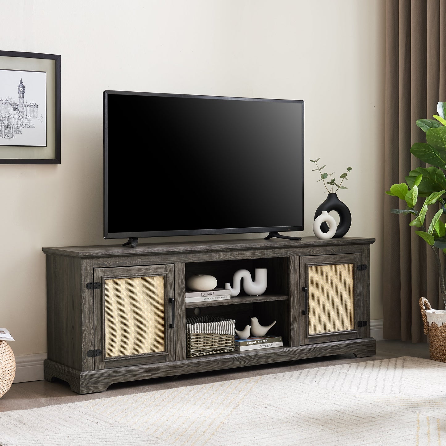 Farmhouse Rattan TV Stand Console Table for TVs up to 70 Inches, TV Console Table with 2 Storage Shelves, 2 Natural Rattan Door Cabinets, 65'W*15.55'D*23.86'H, Gray