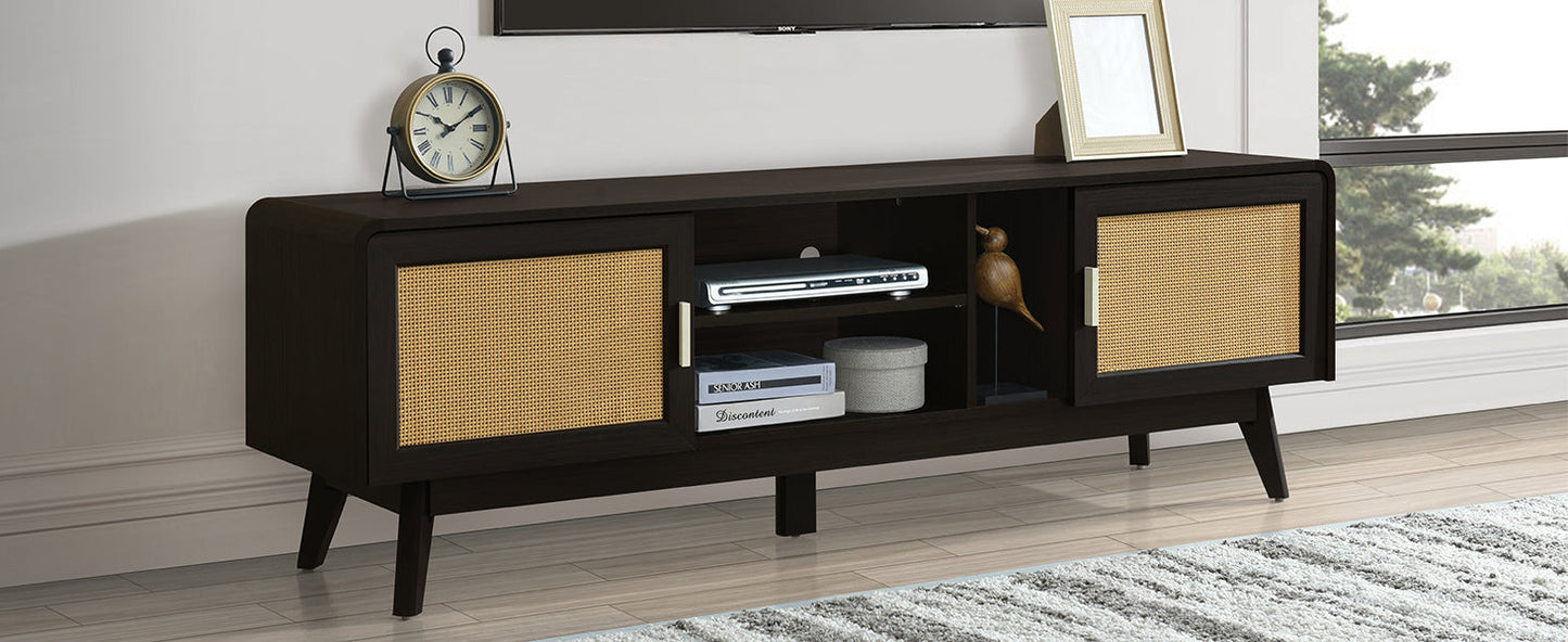 63'' Dark Rattan TV Stand with 2 Storage Cabinets for 65 Inch TV, Entertainment Center with Solid Wood Legs, Media Console Table for Living Room, Bedroom