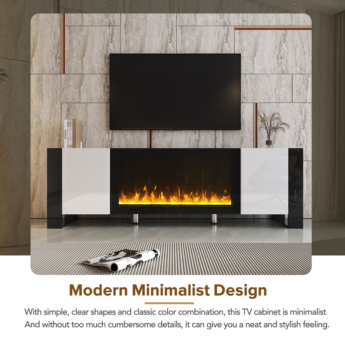 ON-TREND Modern TV Stand with 34.2' Non-heating Electric Fireplace, High Gloss Entertainment Center with 2 Cabinets, Media Console for TVs up to 78', White