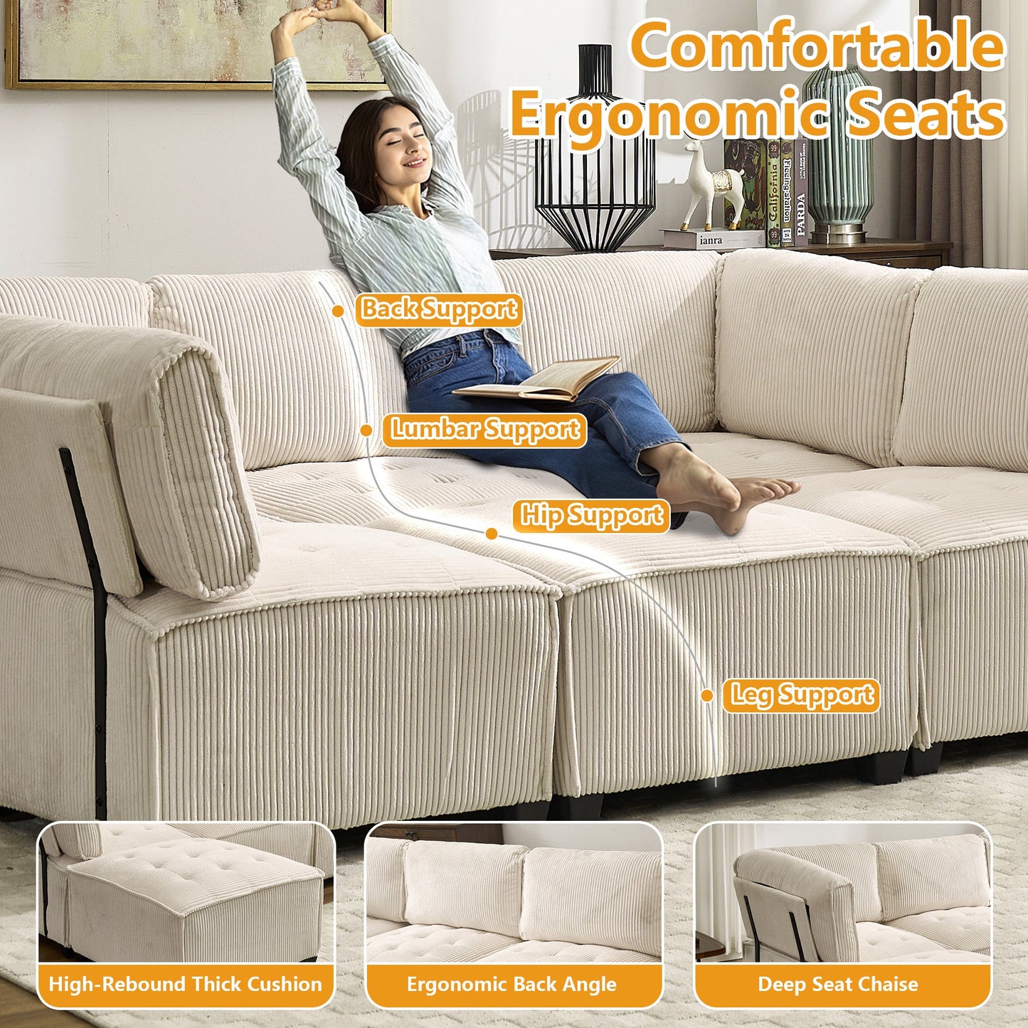 UNITED WE WIN Modular Sectional Sofa U Shaped Modular Couch with Reversible Chaise Modular Sofa Sectional Couch,6- Seat Convertible Sofa,Fit for Living Room