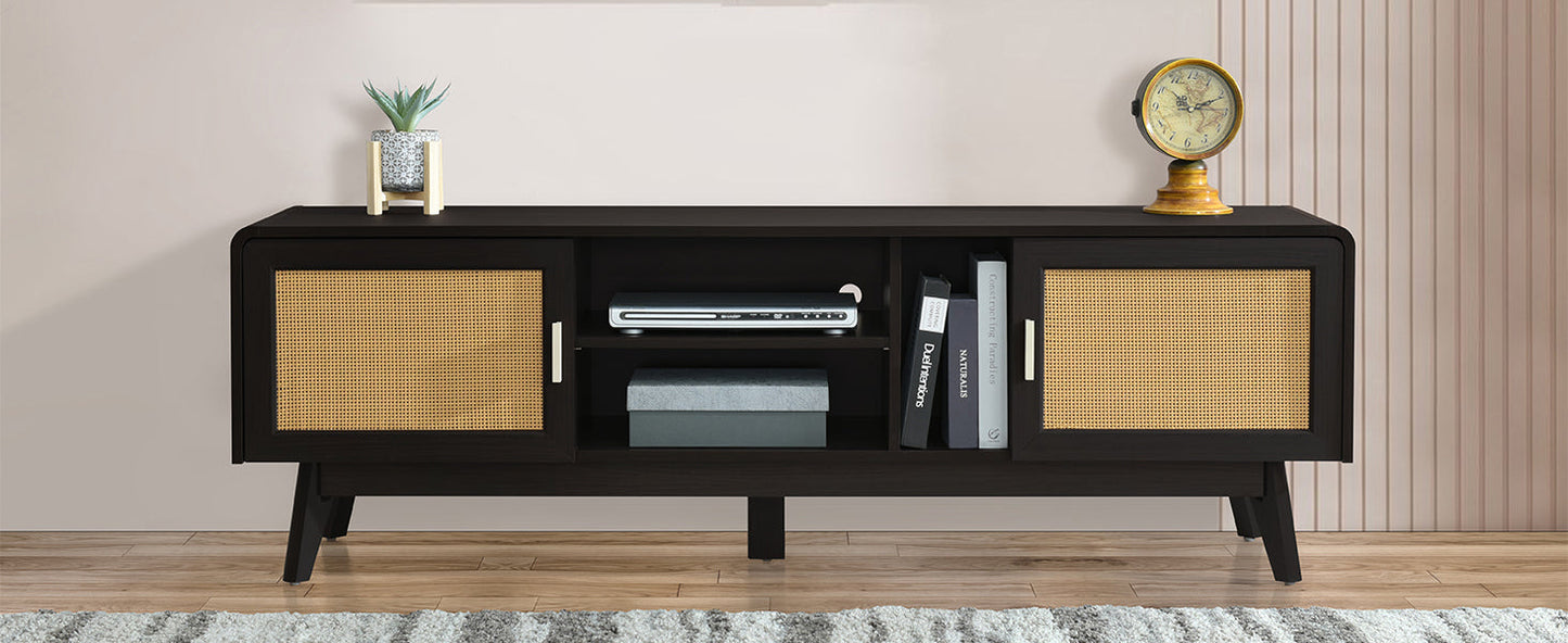 63'' Dark Rattan TV Stand with 2 Storage Cabinets for 65 Inch TV, Entertainment Center with Solid Wood Legs, Media Console Table for Living Room, Bedroom