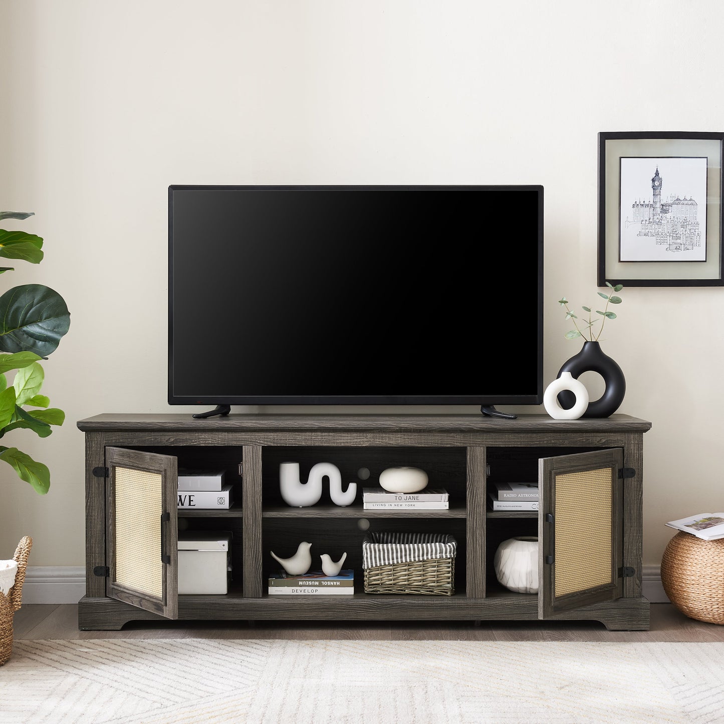 Farmhouse Rattan TV Stand Console Table for TVs up to 70 Inches, TV Console Table with 2 Storage Shelves, 2 Natural Rattan Door Cabinets, 65'W*15.55'D*23.86'H, Gray
