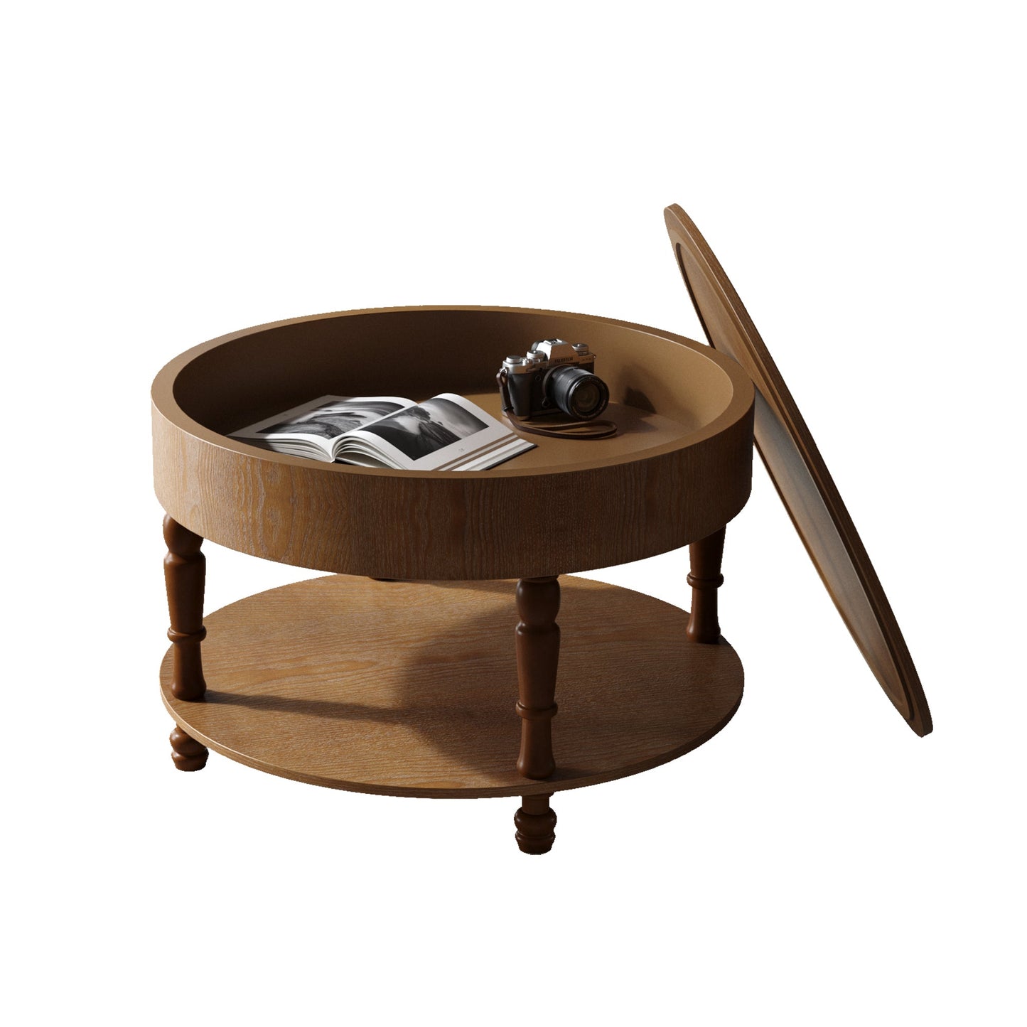 Coffee Table with Dual Storage for Living Room, 31.5' Modern Round Coffee Table with Storage and Hidden Compartment, Adjustable Leveling Feet, Easy Assembly (Walnut)