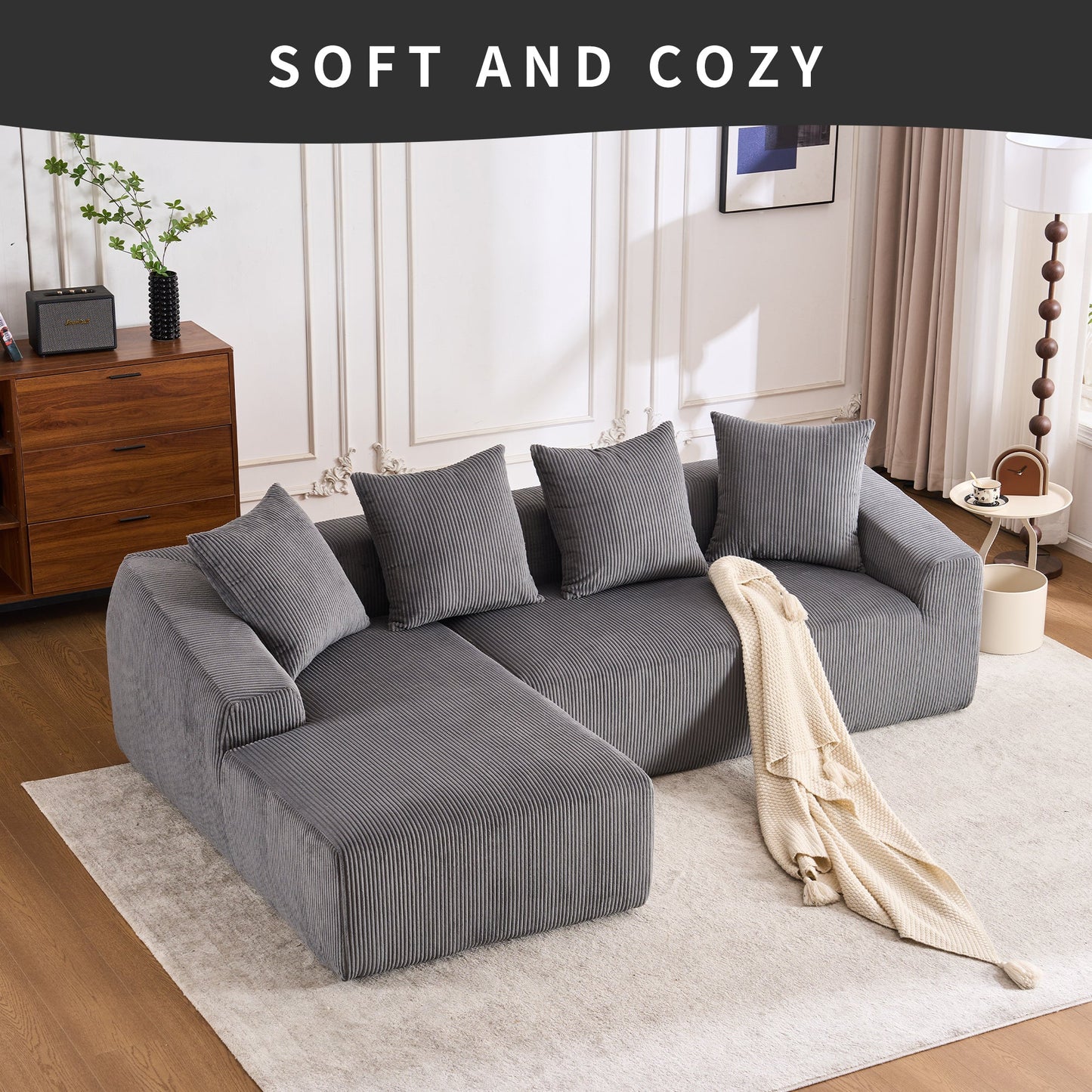 LY-023 Grey Compression Sofa: Corduroy Fabric, Chaise Longue and 3-Seater Combination with 4 Pillows