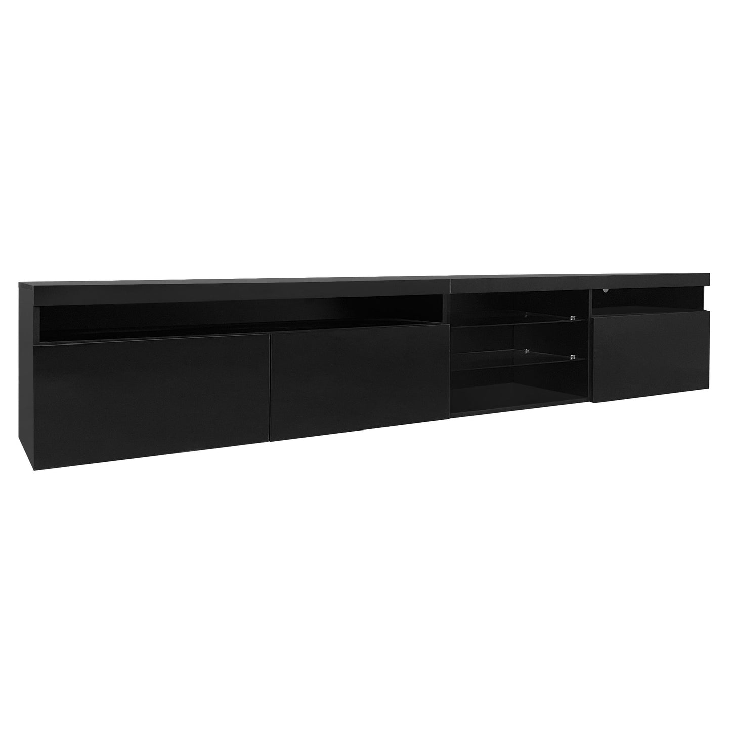 ON-TREND Unique Design TV Stand with 2 Glass Shelves, Ample Storage Space Media Console for TVs Up to 105', Versatile TV Cabinet with LED Color Changing Lights for Living Room, Black