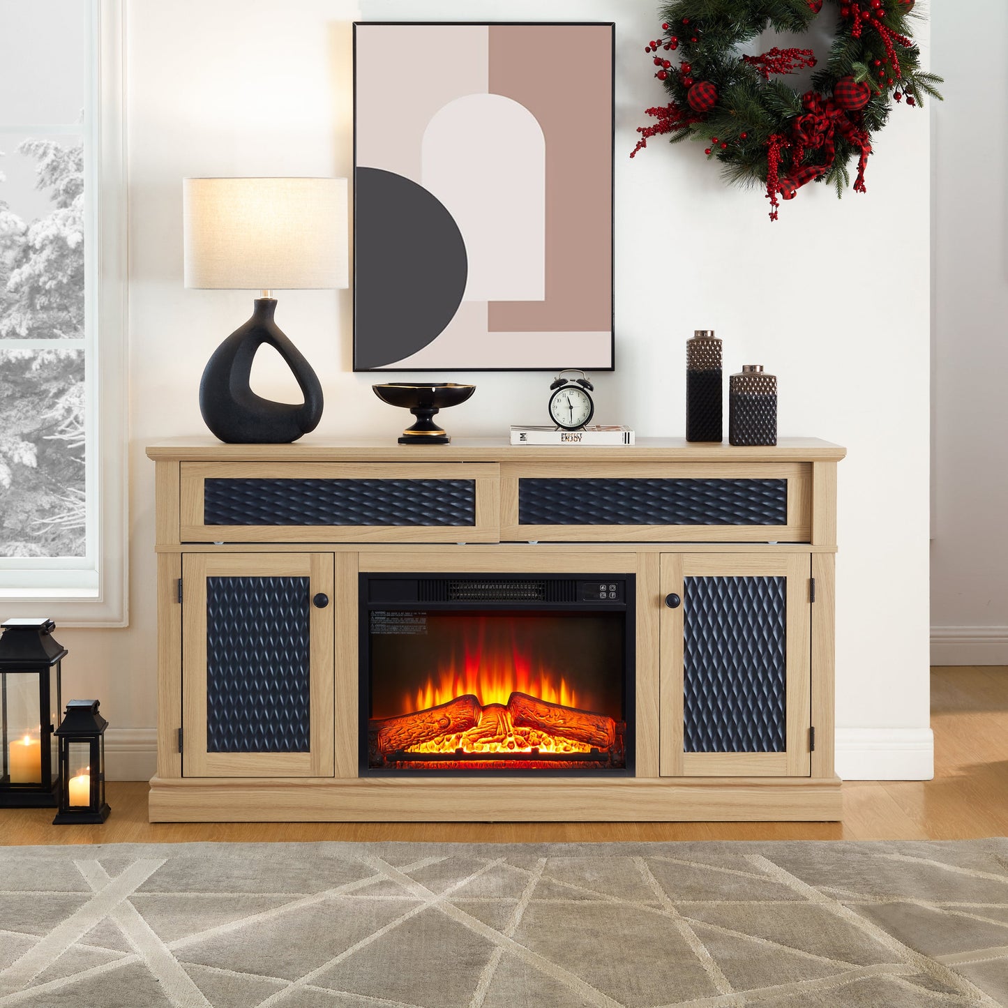 Embossed Pattern TV Stand with 23' fireplace insert,, TV and Media Console with Open and Closed Storage Space and sliding door for Living Room & Bedroom,LIGHT OAK, 58.27'W*15.35'W*31.7H