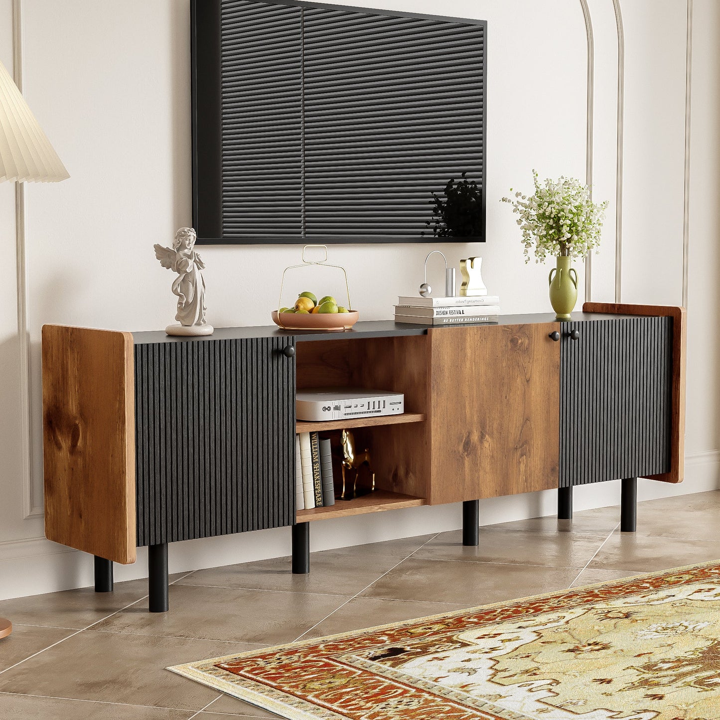 Mid Century TV Stand with 3 Cabinets, Media Console Table for TVs up to 70'', Entertainment Center with Storage for Living room, Bedroom, Black Color Top Panel & Handle