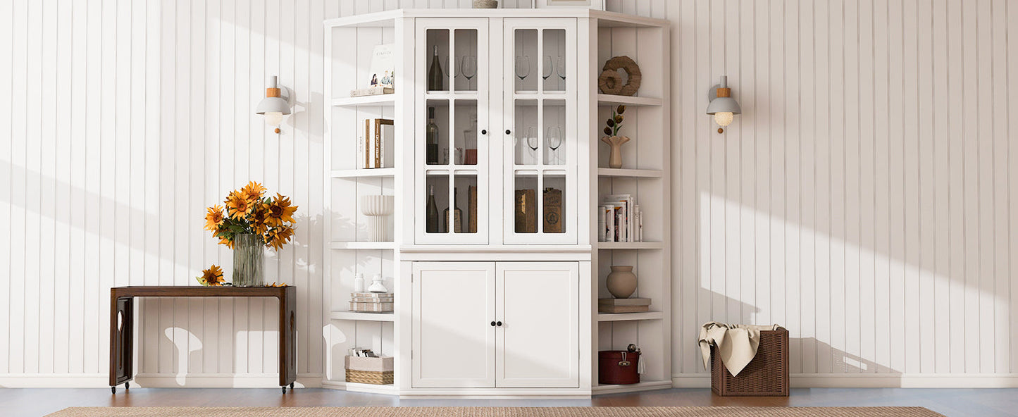 75.25'' Tall Display Cabinet and Two Triangle Sided Bookshelves, 69.25'' Wide Retro Style Wall Suit with Glass Doors, for Hallways, Living room, Office, Studio or Workspace - White