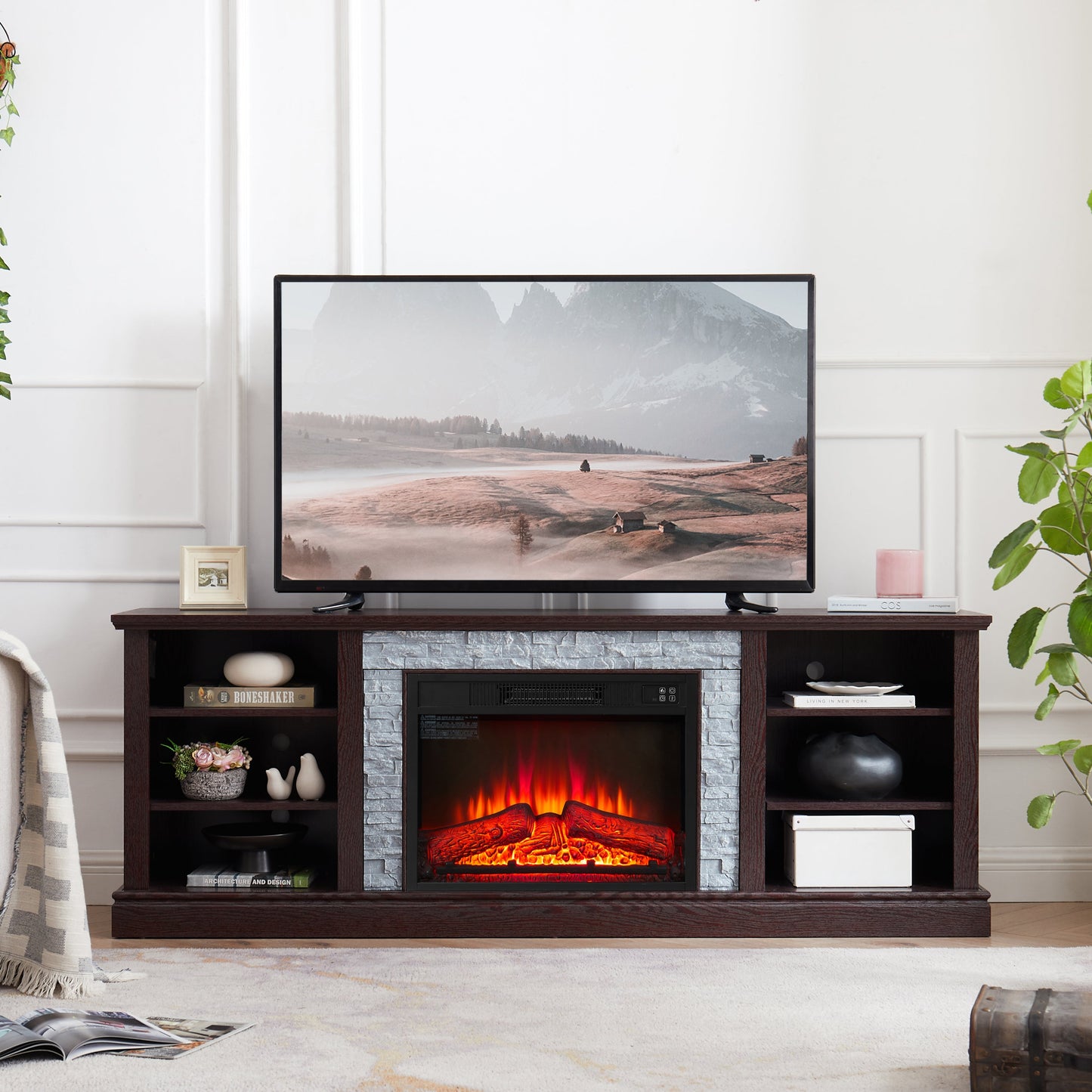 Large TV Desk Storage Rack with Faux Stacked Stone Surround,Media Console Table with Large Storage Cabinet,Modern TV Media Stand with 23' Fireplace Insert,Cherry, 70.12'W*15.35'D*25.83'H