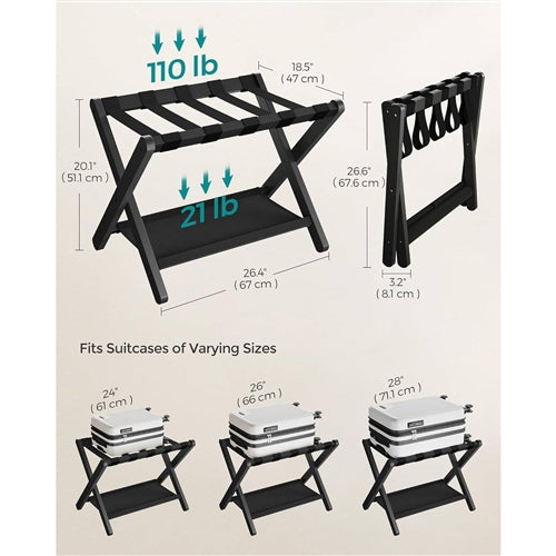 Sturdy Bamboo Luggage Rack in Black Wood Finish with Lower Storage Shelf