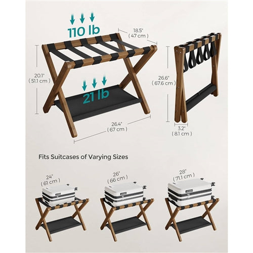 Sturdy Luggage Rack in Walnut Wood Finish with Lower Storage Shelf
