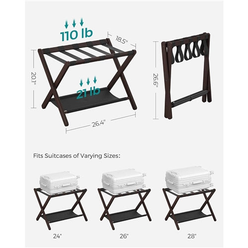Sturdy Bamboo Luggage Rack in Chestnut Brown Wood Finish with Lower Shelf