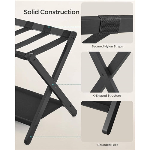 Sturdy Bamboo Luggage Rack in Black Wood Finish with Lower Storage Shelf