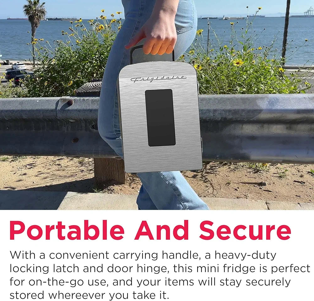Frigidaire Portable 9-Can Mini Cooler Fridge, 5L, Brushed Stainless Rugged, Window, EFMIS189-SS, Clear Door, Glass
