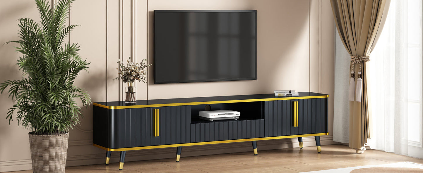 ON-TREND Luxury Minimalism TV Stand with Open Storage Shelf for TVs Up to 85', Entertainment Center with Cabinets and Drawers, Practical Media Console with Unique Legs for Living Room, Black