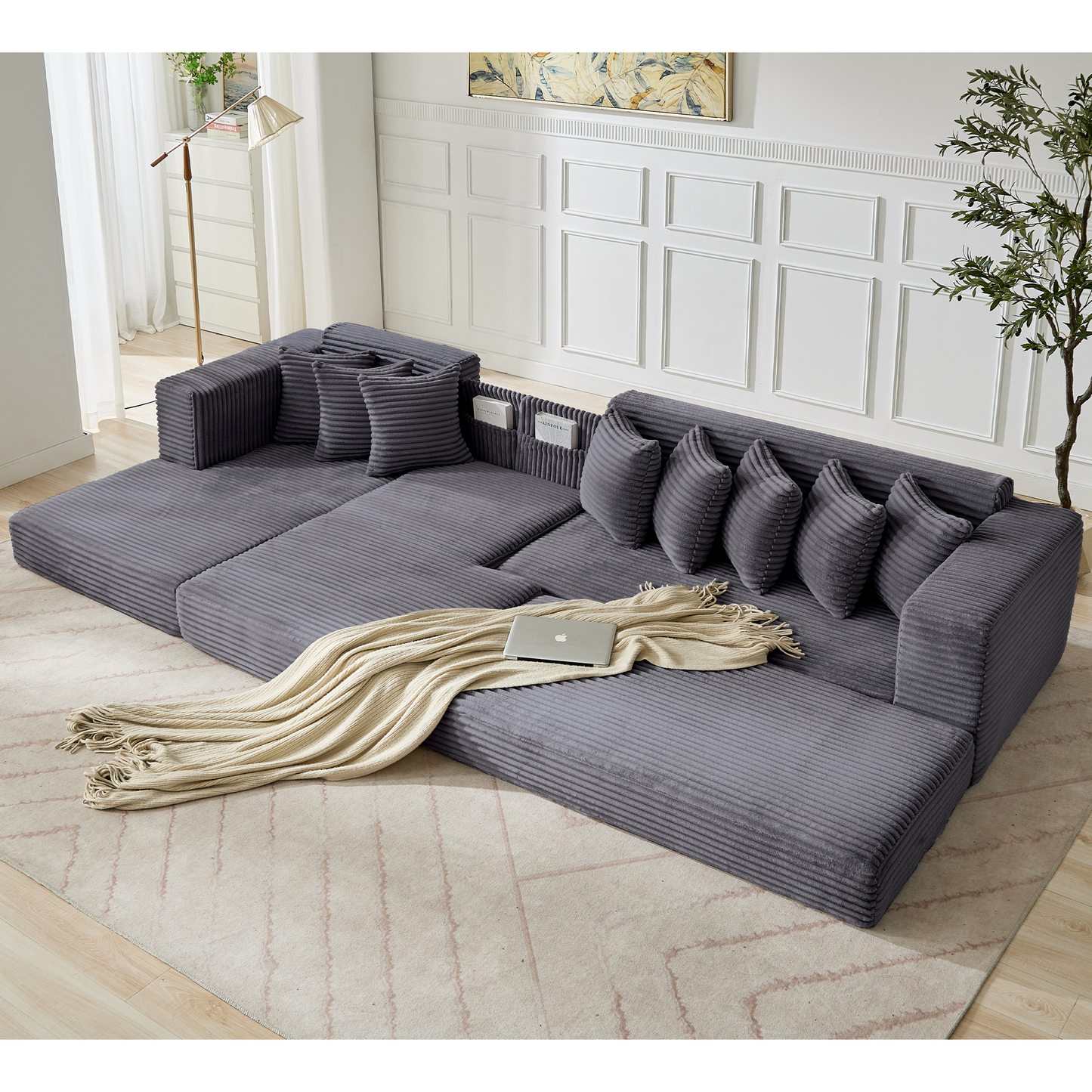 [NEW ARRIVED] [VIDEO PROVIDED] Oversize Cloud Couch, L-Shape Sofa, Convertible Floor Sleeper Sofa Bed, No Assembly ,Eight pillows,3-in-1,Side Pocket,(Left Facing Sofa),3 Seat,Corduroy,Dark Gray