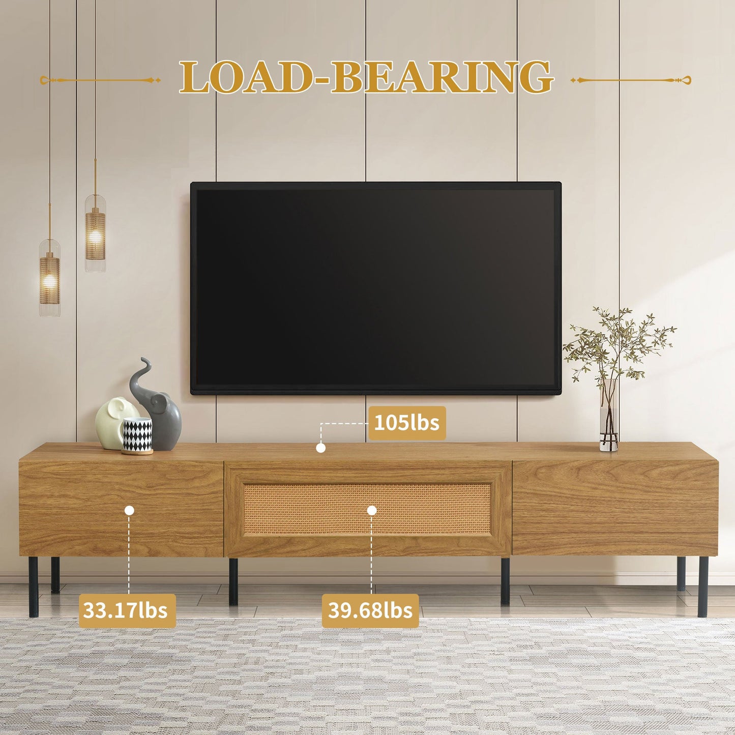 Boho TV Stand for TVs up to 80'' , Modern Farmhouse Media Console, Entertainment Center with Metal Legs, TV Cabinet for Living Room, Home Theatre