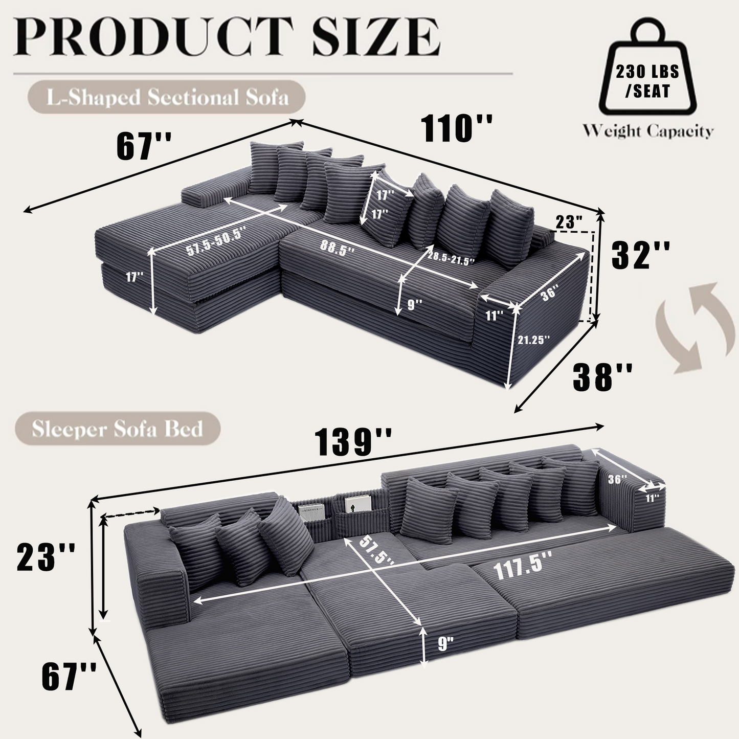 [NEW ARRIVED] [VIDEO PROVIDED] Oversize Cloud Couch, L-Shape Sofa, Convertible Floor Sleeper Sofa Bed, No Assembly ,Eight pillows,3-in-1,Side Pocket,(Left Facing Sofa),3 Seat,Corduroy,Dark Gray