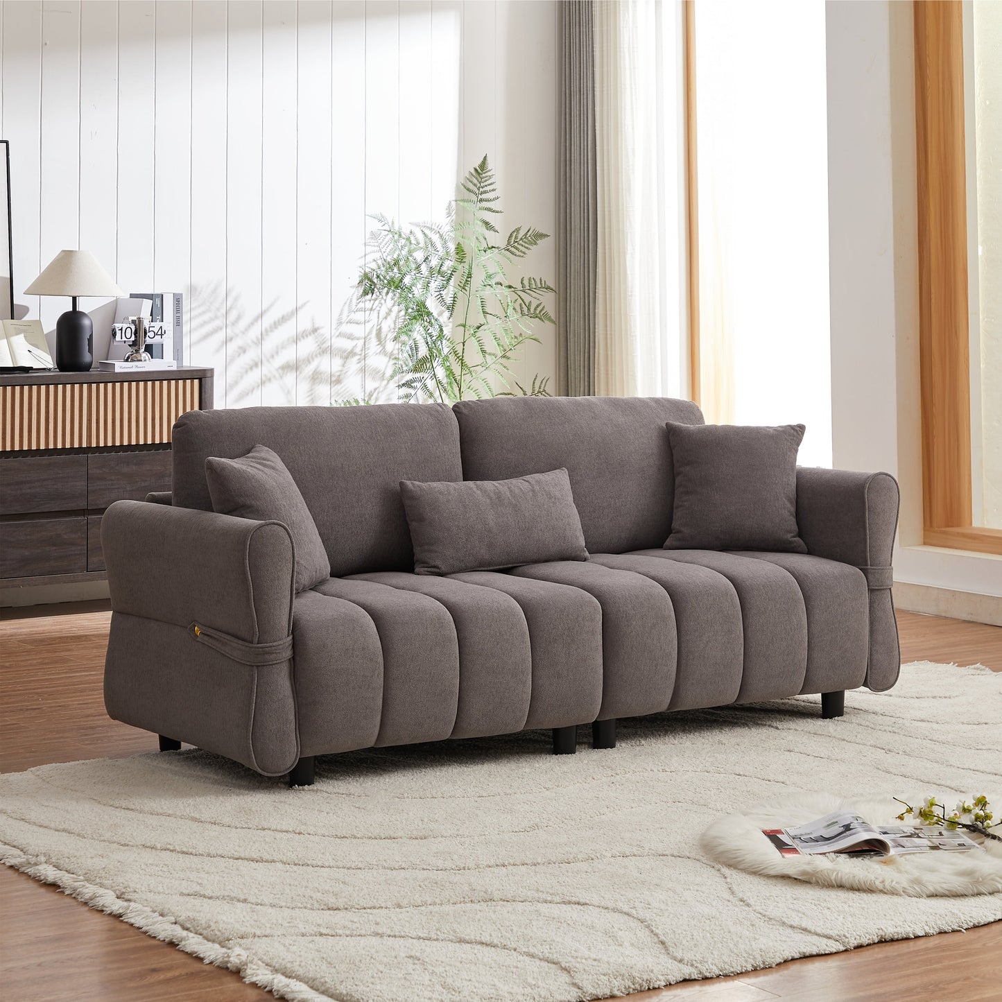80''Premium chenille fabric sofa with 2 cushions and 1 lumbar pillow Armrest strap design,,upholstered 3-seater sofa  for living rooms, bedrooms,apartments and offices Grey