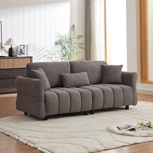 80''Premium chenille fabric sofa with 2 cushions and 1 lumbar pillow Armrest strap design,,upholstered 3-seater sofa  for living rooms, bedrooms,apartments and offices Grey