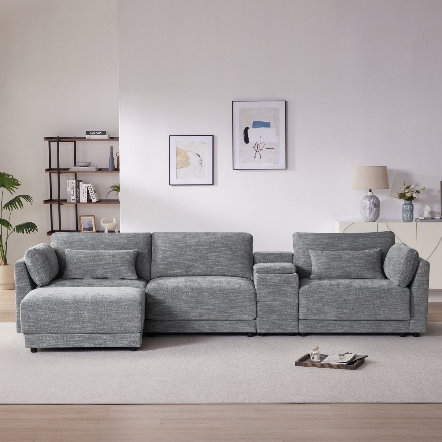 [VIDEO+NEW]124'' Modular Sectional Sofa with Storage Console and Movable Ottoman,33'' Wide Seat,4 Seat L Shaped Chenille Couch,Reversible Comfy Sofa with USB Charger for Living Room,Apartment,2 Colors