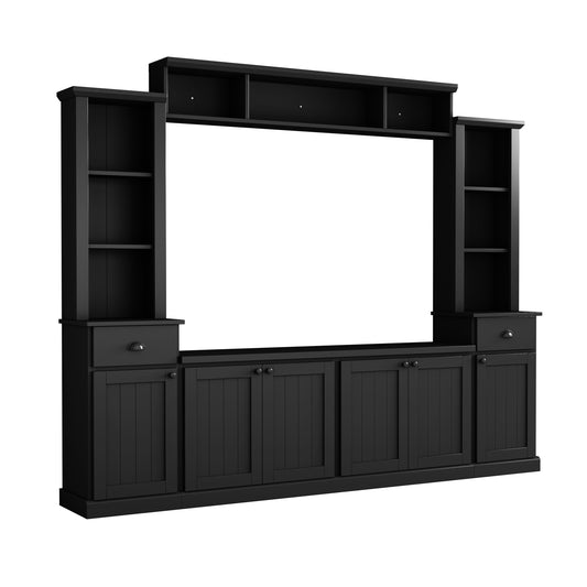 Minimalist Entertainment Wall Unit Set with Bridge for TVs Up to 75'', Ample Storage Space TV Stand with Adjustable Shelves, Modernist Large Media Console for Living Room, Black
