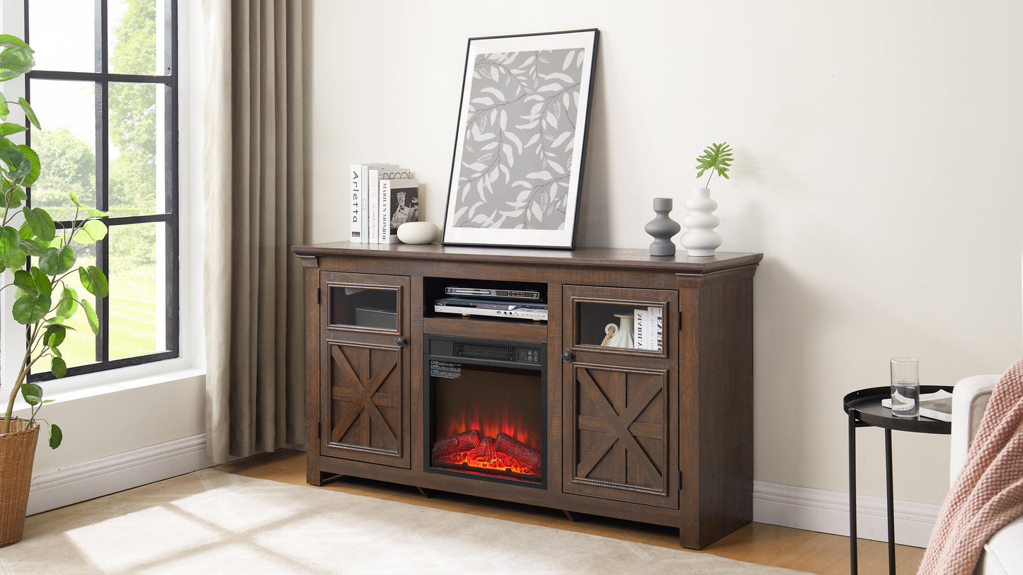 2 Doors Cabinet Farmhouse  Cabinet, Farmhouse TV Stand Barn Design,Farmhouse TV Media Stand, Large Barn Inspired Home Entertainment Console with 18' fireplace insert,Espresso,60.23'W*15.35'D*31.7'H