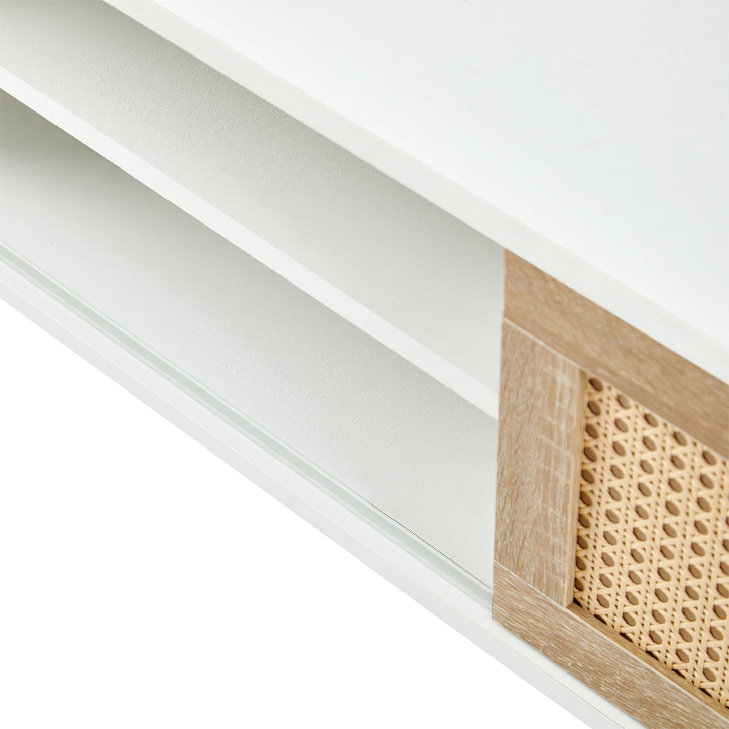 Modern Rattan TV Cabinet with Double Sliding Doors, Adjustable Shelf, Solid Wood Legs, White, 55.12 inches