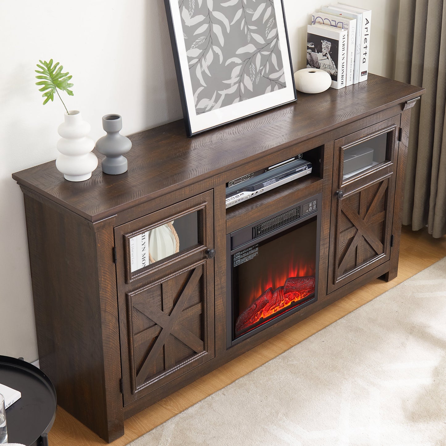 2 Doors Cabinet Farmhouse  Cabinet, Farmhouse TV Stand Barn Design,Farmhouse TV Media Stand, Large Barn Inspired Home Entertainment Console with 18' fireplace insert,Espresso,60.23'W*15.35'D*31.7'H