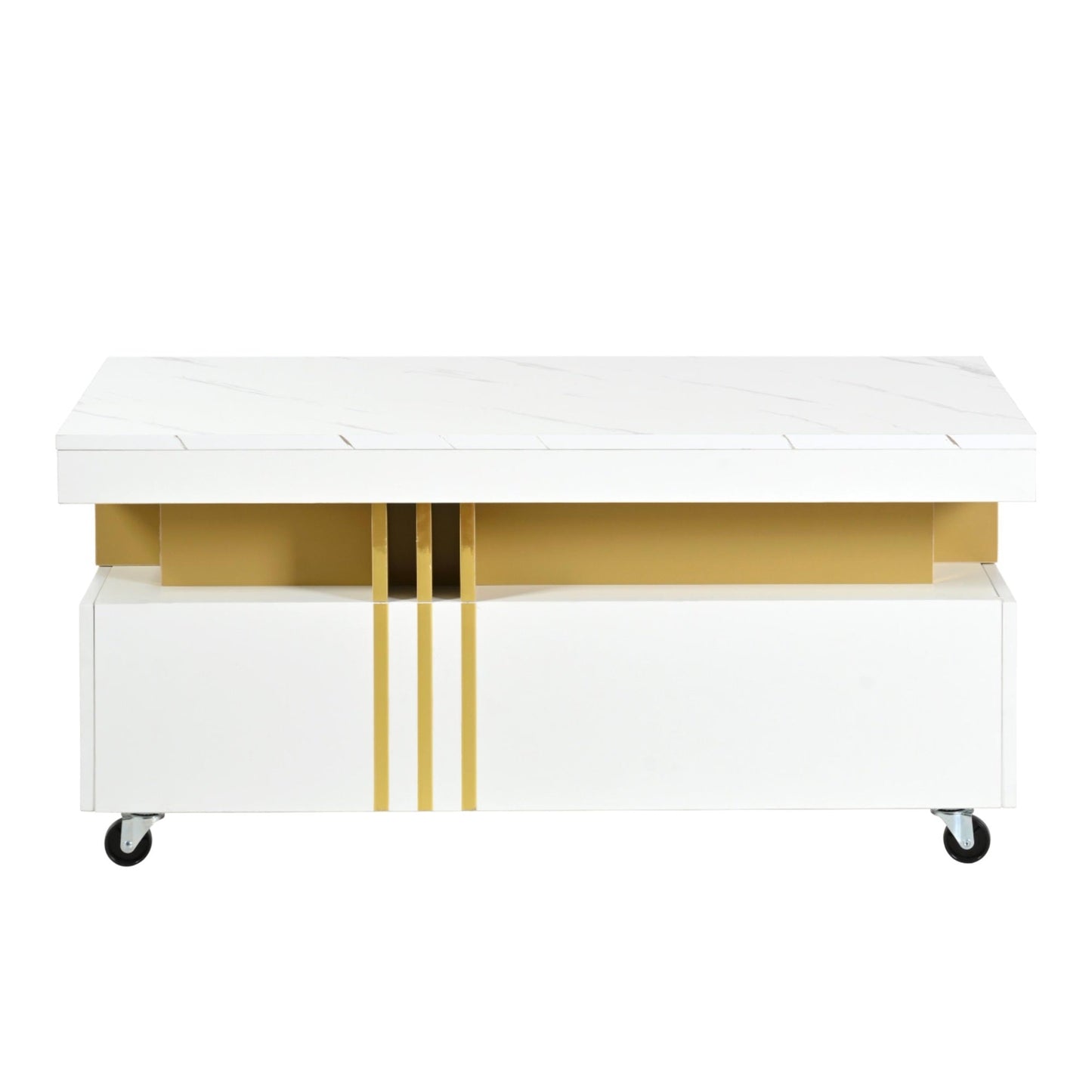 ON-TREND Contemporary Coffee Table with Faux Marble Top, Rectangle Cocktail Table with Caster Wheels, Moderate Luxury Center Table with Gold Metal Bars for Living Room, White
