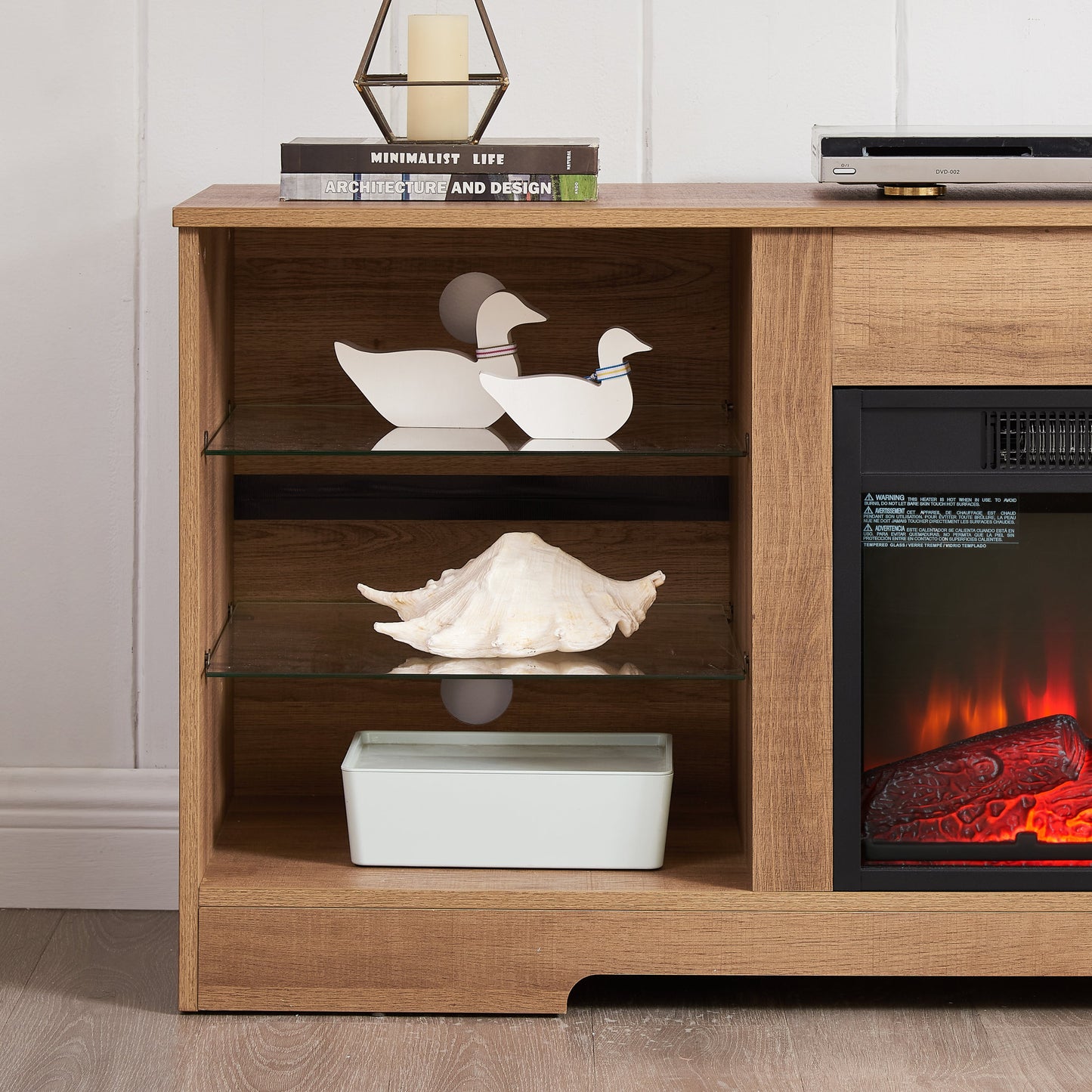 TV Stand Electric Fireplace TV Stand with Glass Shelves, 3D Fireplace TV Stand with LED Lights Wood with USB Charging Outlet Modern Television Table Center for TV up to 32-62' OAK 58'W*15.4''D*24.4