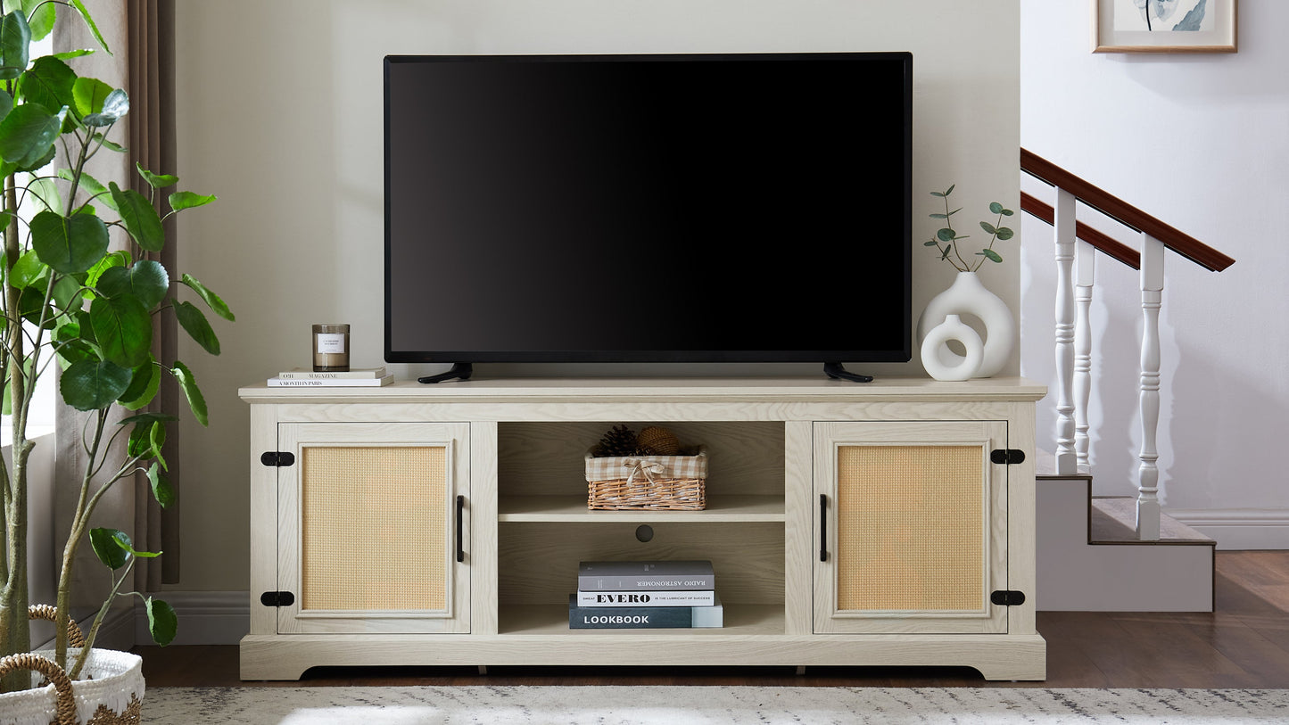 Farmhouse Rattan TV Stand Console Table for TVs up to 70 Inches, TV Console Table with 2 Storage Shelves, 2 Natural Rattan Door Cabinets,65'W*15.55'D*23.86'H, White