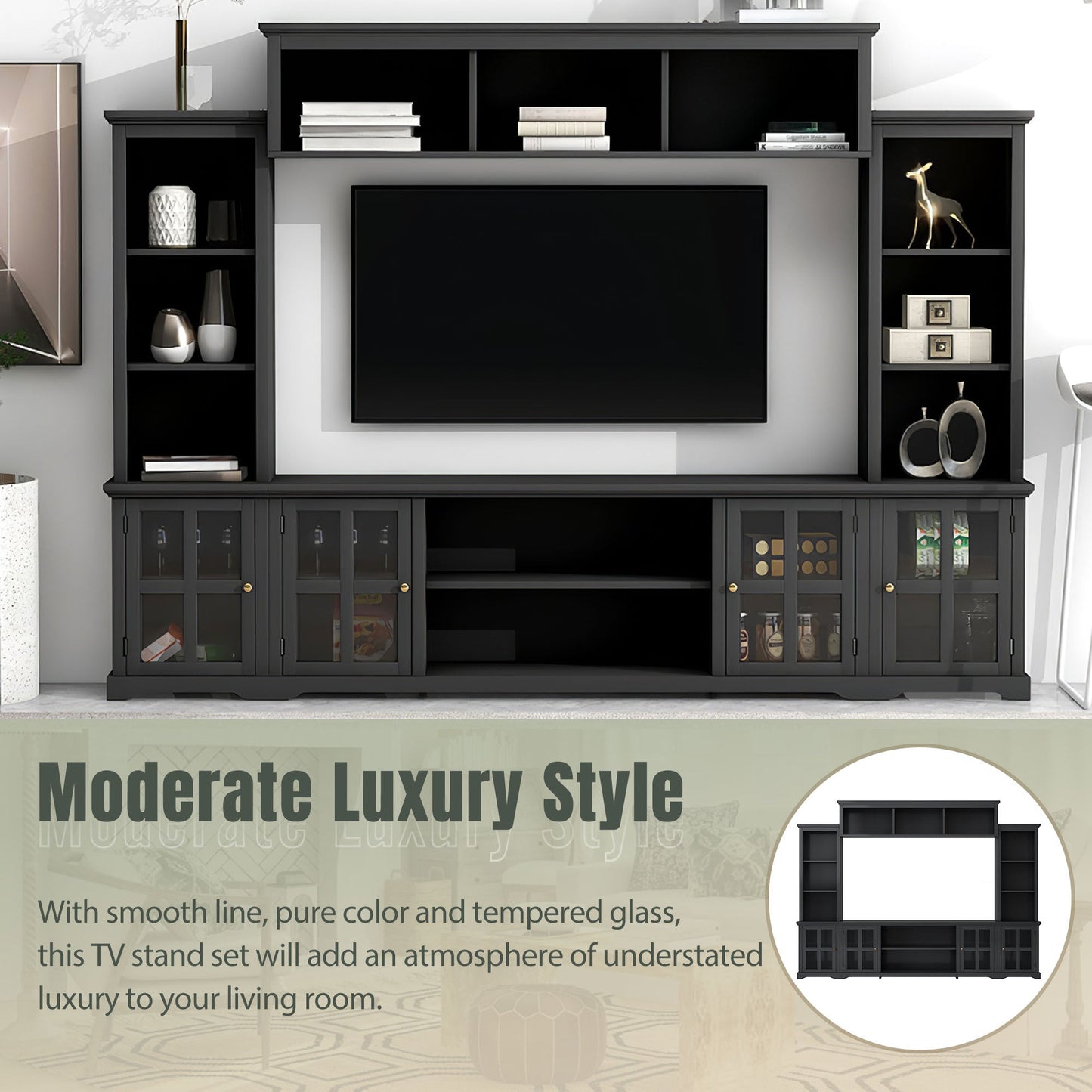 [VIDEO provided] ON-TREND Minimalism Entertainment Wall Unit with Bridge, Modern TV Console Table for TVs Up to 70', Multifunctional TV Stand with Tempered Glass Door, Black (Old SKU: SD000009AAB)