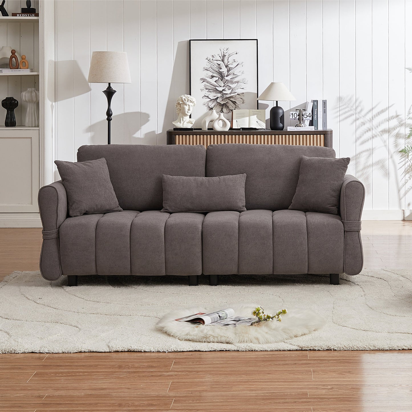 80''Premium chenille fabric sofa with 2 cushions and 1 lumbar pillow Armrest strap design,,upholstered 3-seater sofa  for living rooms, bedrooms,apartments and offices Grey