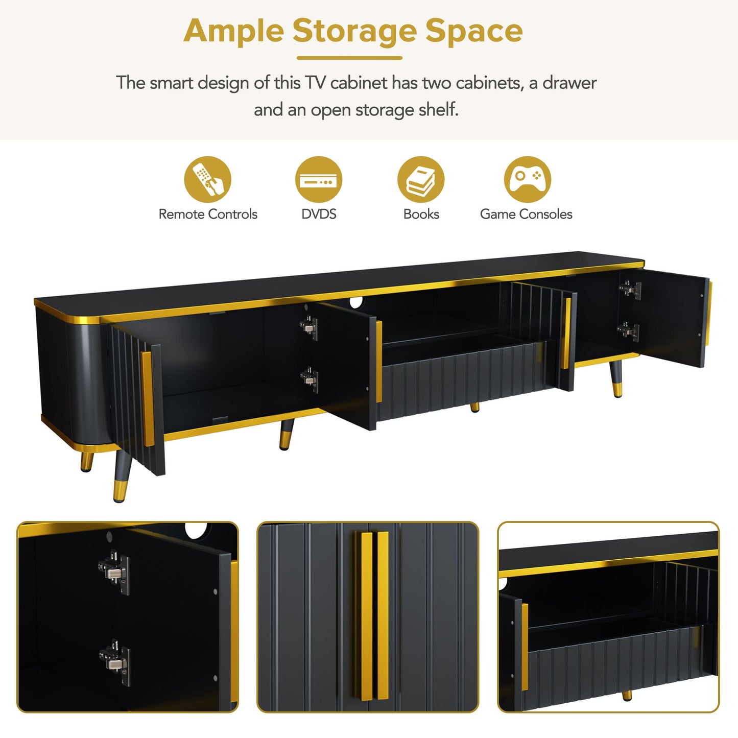ON-TREND Luxury Minimalism TV Stand with Open Storage Shelf for TVs Up to 85', Entertainment Center with Cabinets and Drawers, Practical Media Console with Unique Legs for Living Room, Black
