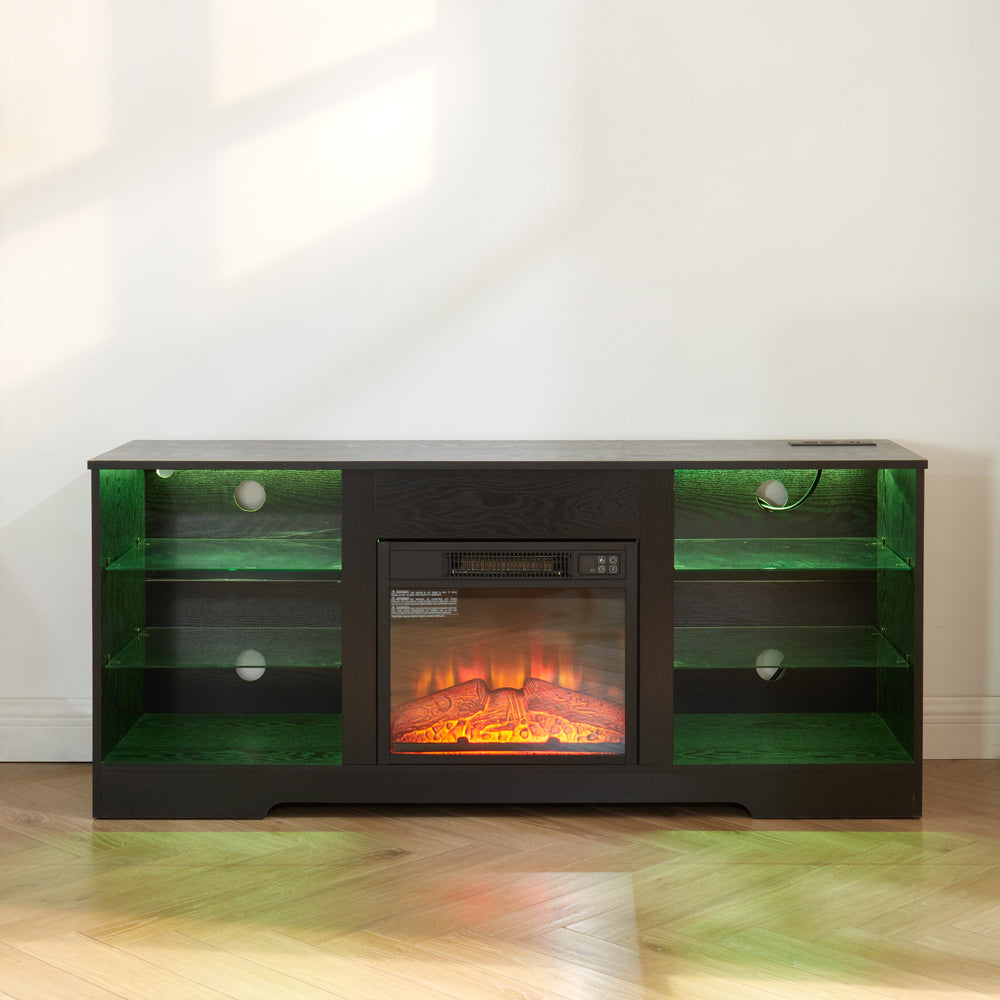 TV Stand Electric Fireplace TV Stand with Glass Shelves, 3D Fireplace TV Stand with LED Lights Wood with USB Charging Outlet Modern Television Table Center for TV up to 32-62' Black 58''W*15.4''D*24.4