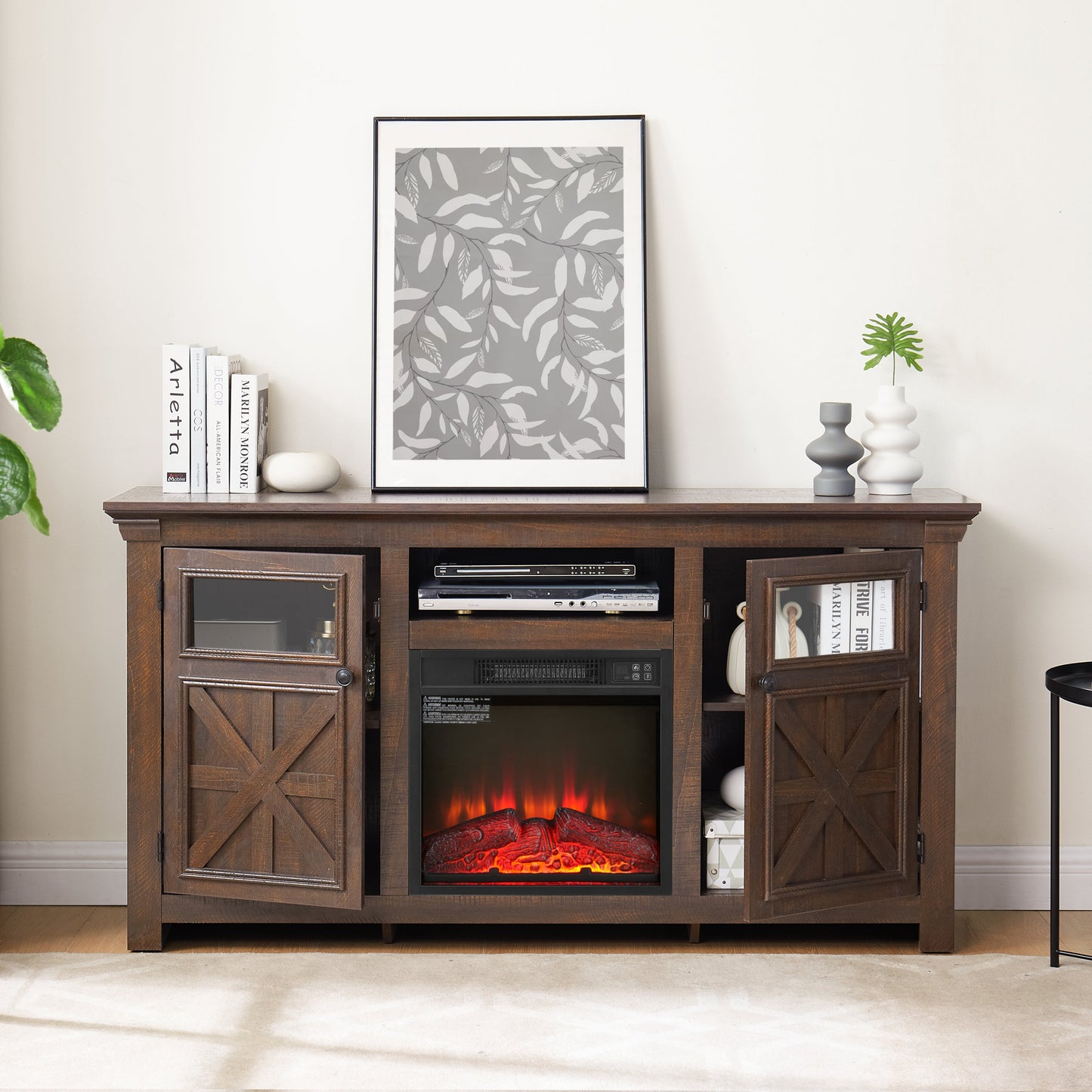 2 Doors Cabinet Farmhouse  Cabinet, Farmhouse TV Stand Barn Design,Farmhouse TV Media Stand, Large Barn Inspired Home Entertainment Console with 18' fireplace insert,Espresso,60.23'W*15.35'D*31.7'H
