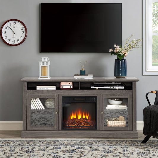 Retro TV Stand for 65'' TV, TV Console Cabinet with Storage, Open Shelves Entertainment Center with 18' Fireplace Insert  for Living Room Dark Walnut 60'W*15.75'D*29'H