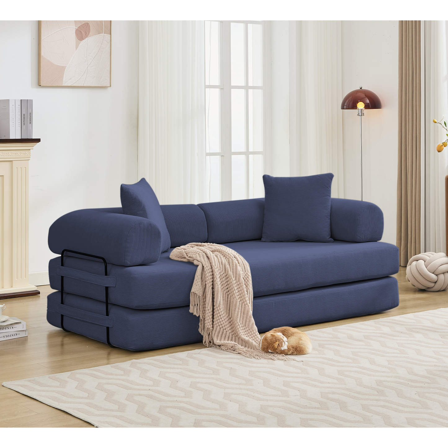 [NEW ARRIVED] [VIDEO PROVIDED] 78.5' Folding Convertible Out Sleeper Sofa Bed,4-in-1 DIY Combination Convertible Sofa,3 seat, Folding Sofa, King Size , Bedroom,Apartment,Corduroy,Blue