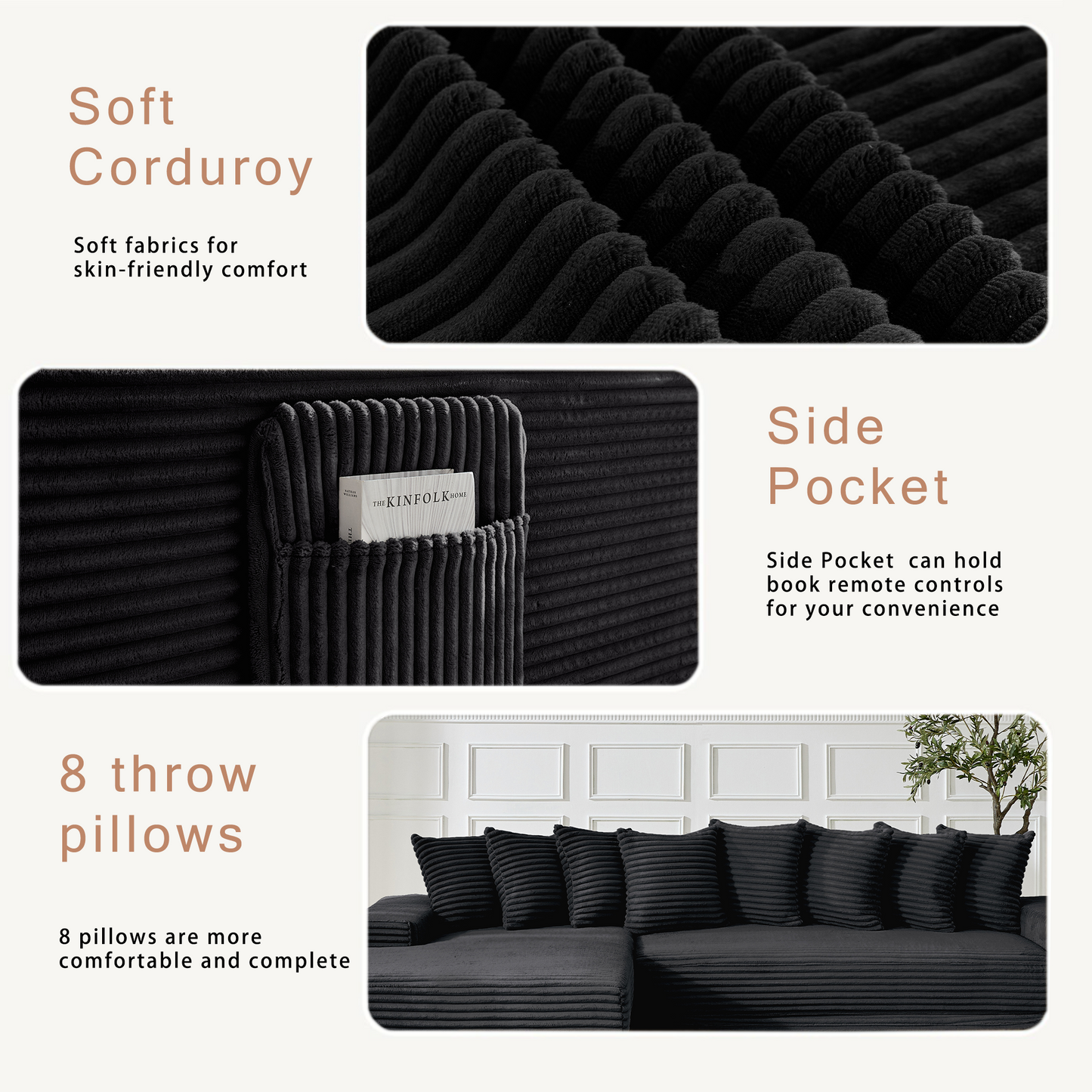 [NEW ARRIVED] [VIDEO PROVIDED] Oversize Cloud Sectional Couch, L-Shape Sofa, Convertible Floor Sleeper Sofa Bed, No Assembly,Eight pillows,3-in-1,Magazine bag,(Right Facing Sofa),3 Seat,Corduroy,Black